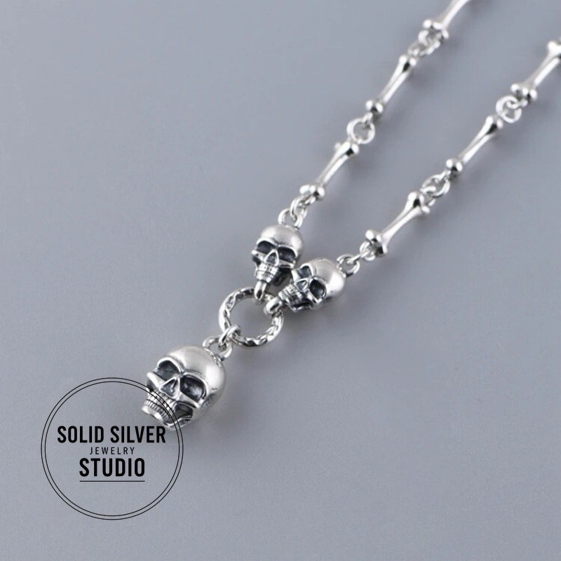 S925 Authentic Sterling Silver Skull&Bone Link Chain Punk Gothic Biker Necklace