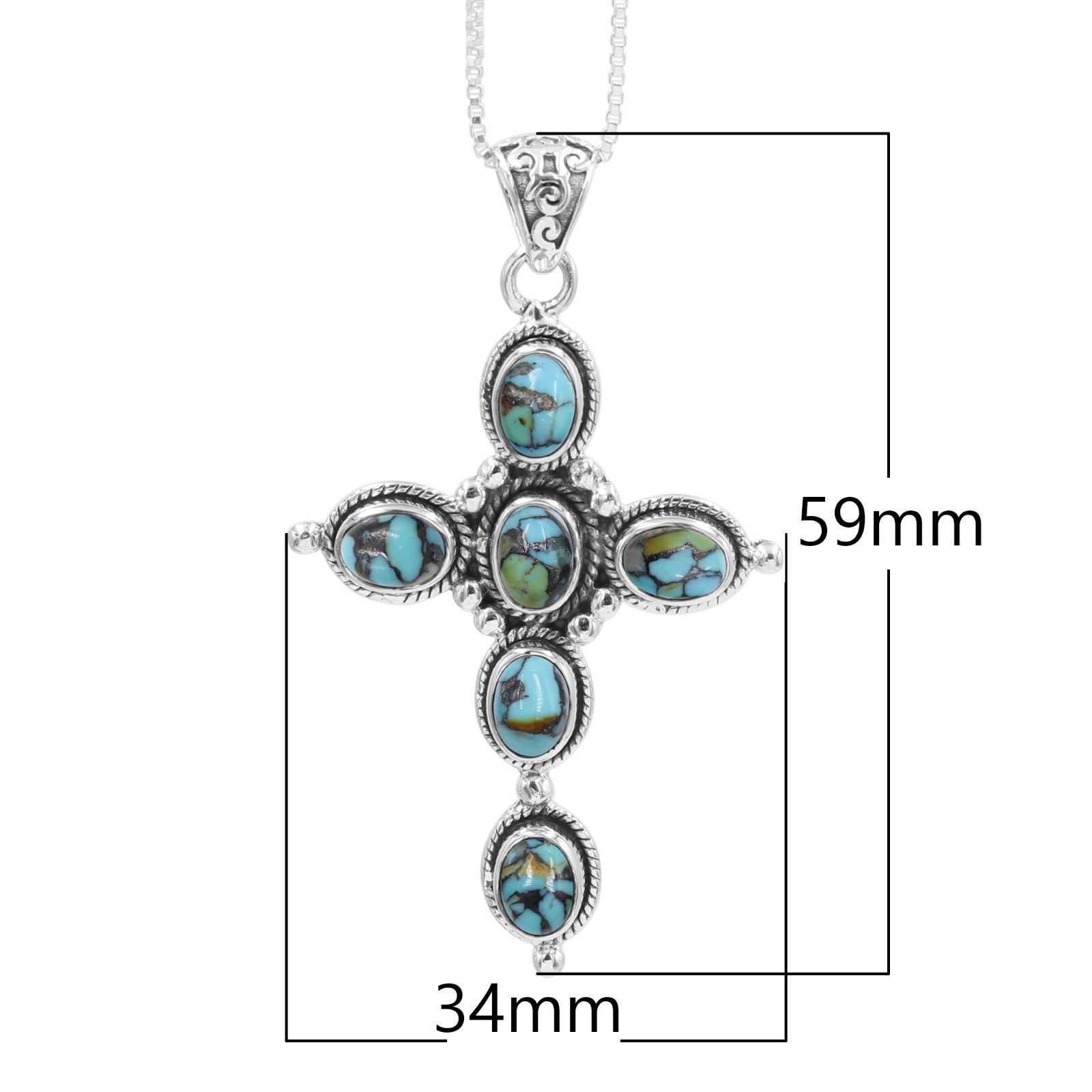 Turquoise Cross Necklace in 925 Sterling Silver with Chain