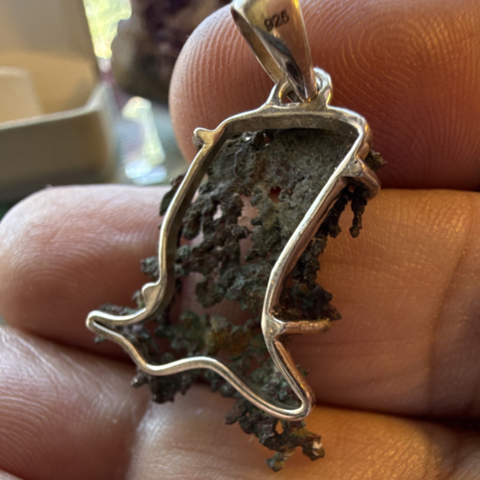 Asymmetrical Natural Copper Pendant Fine Silver 925 Bezel Green Charm