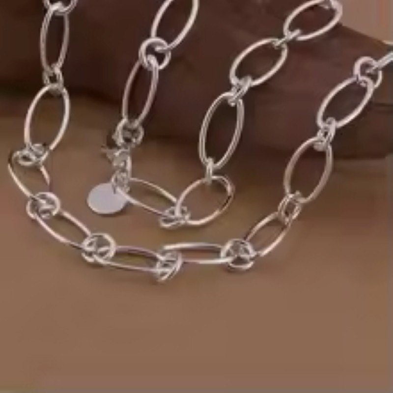 925 Sterling Silver Oval Link Chain Necklace 17″ Minimalist Everyday Jewelry Wom