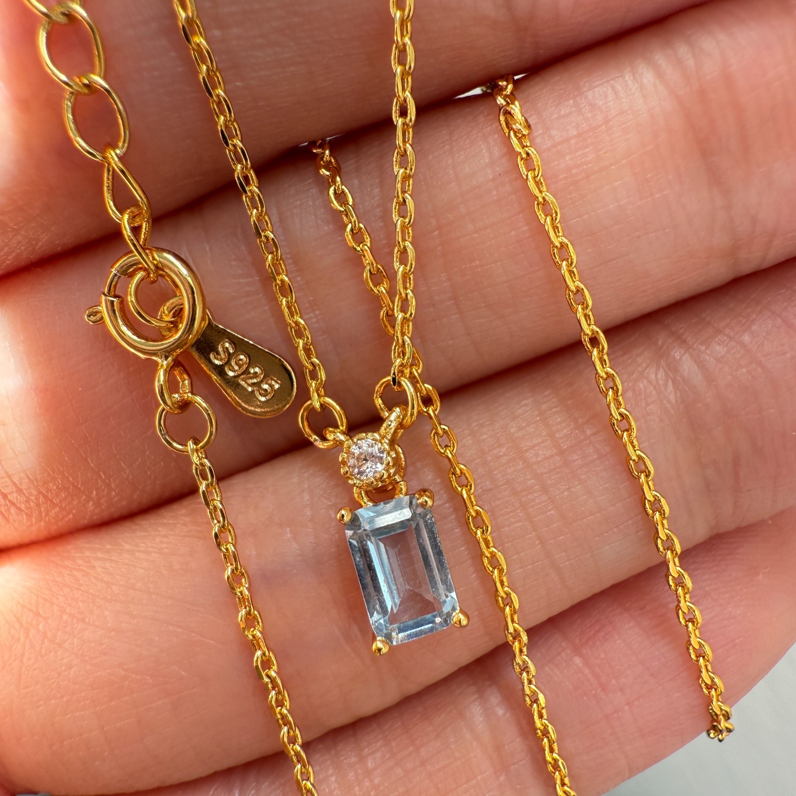 925 Sterling Silver Necklace 6x4mm Natural Blue Aquamarine 14K Gold Plated Chain