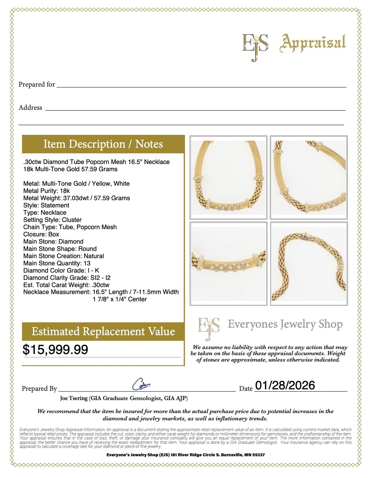 .30ctw Diamond Tube Popcorn Mesh 16.5″ Necklace 18k Multi-Tone Gold 57.59 Grams