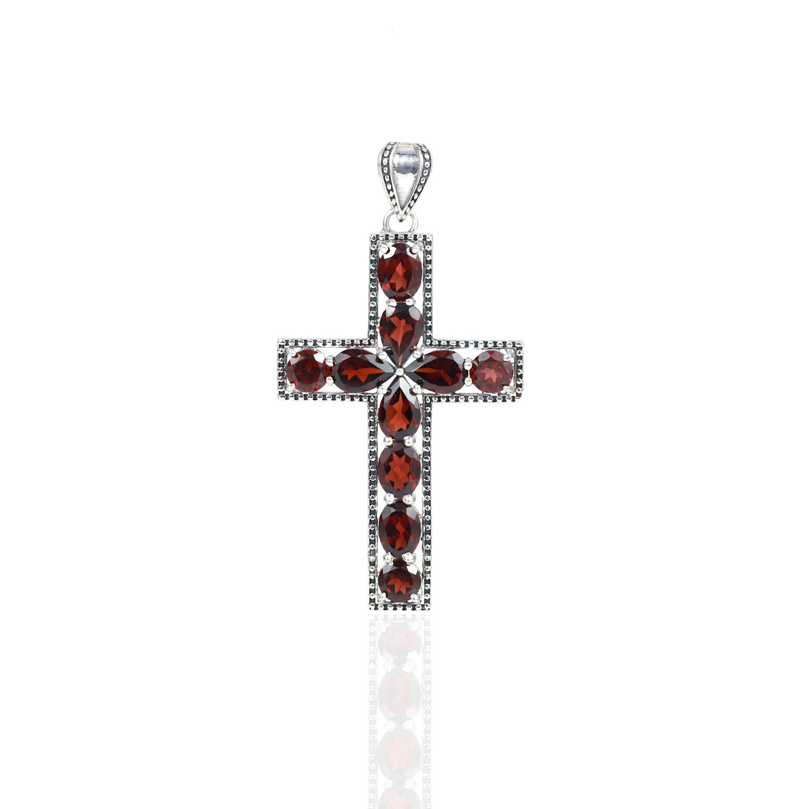 Vintage Style Natural Garnet Cluster Cross Pendant Solid 925 Silver Jewelry