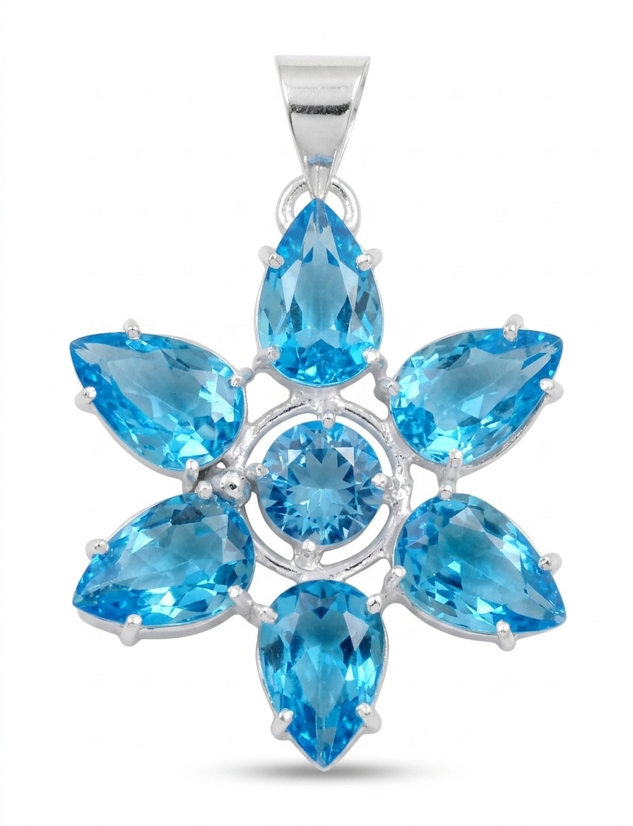 Swiss Blue Topaz Gemstone Floral Pendant 925 Sterling Silver Jewelry S-1.20″