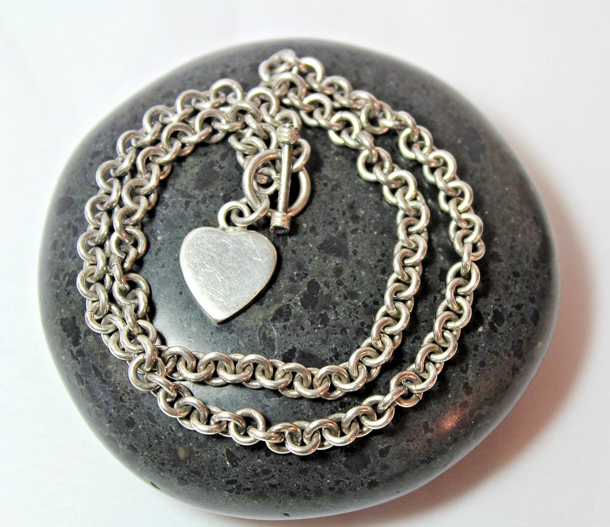 925 Sterling Silver Heart Tag Toggle Necklace Very Heavy Statement 35.4g