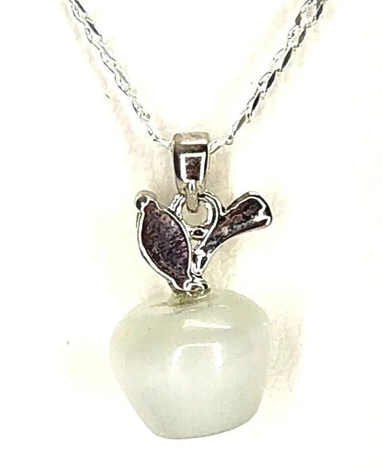 White Apple Pendant Necklace Cat Eye Stone, 18K White Gold Plated on Silver