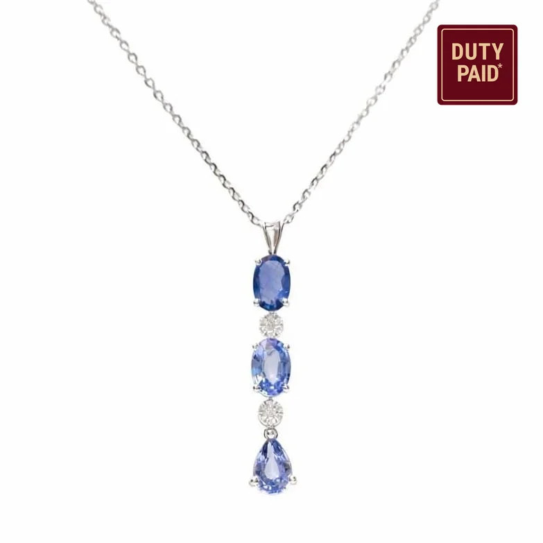1.74 ct Natural Sapphire Oval Pear Pendant Necklace 14K Gold Natural Diamonds