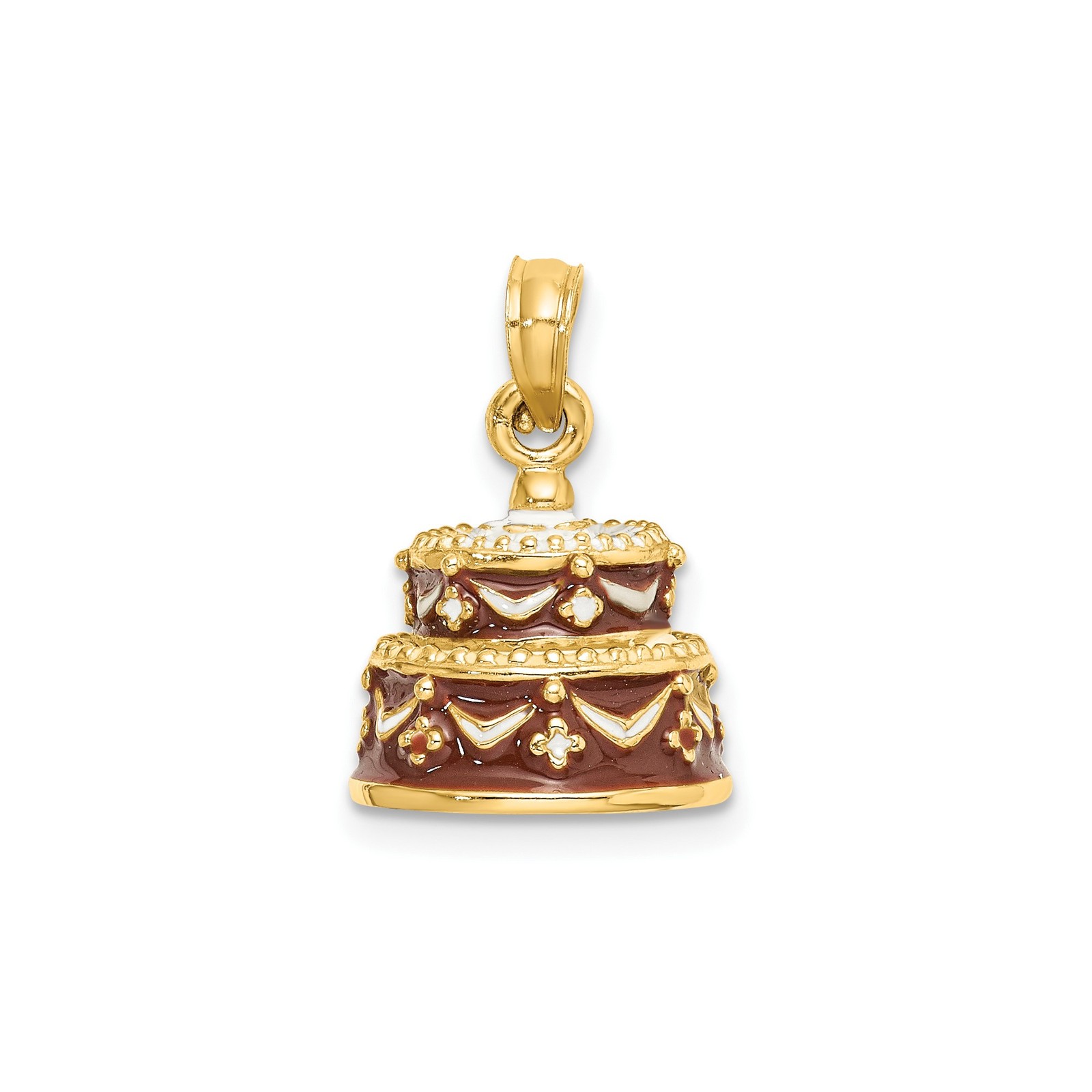 14k Yellow Gold Cake Charm Pendant Red White Enamel Birthday Anniversary Jewelry