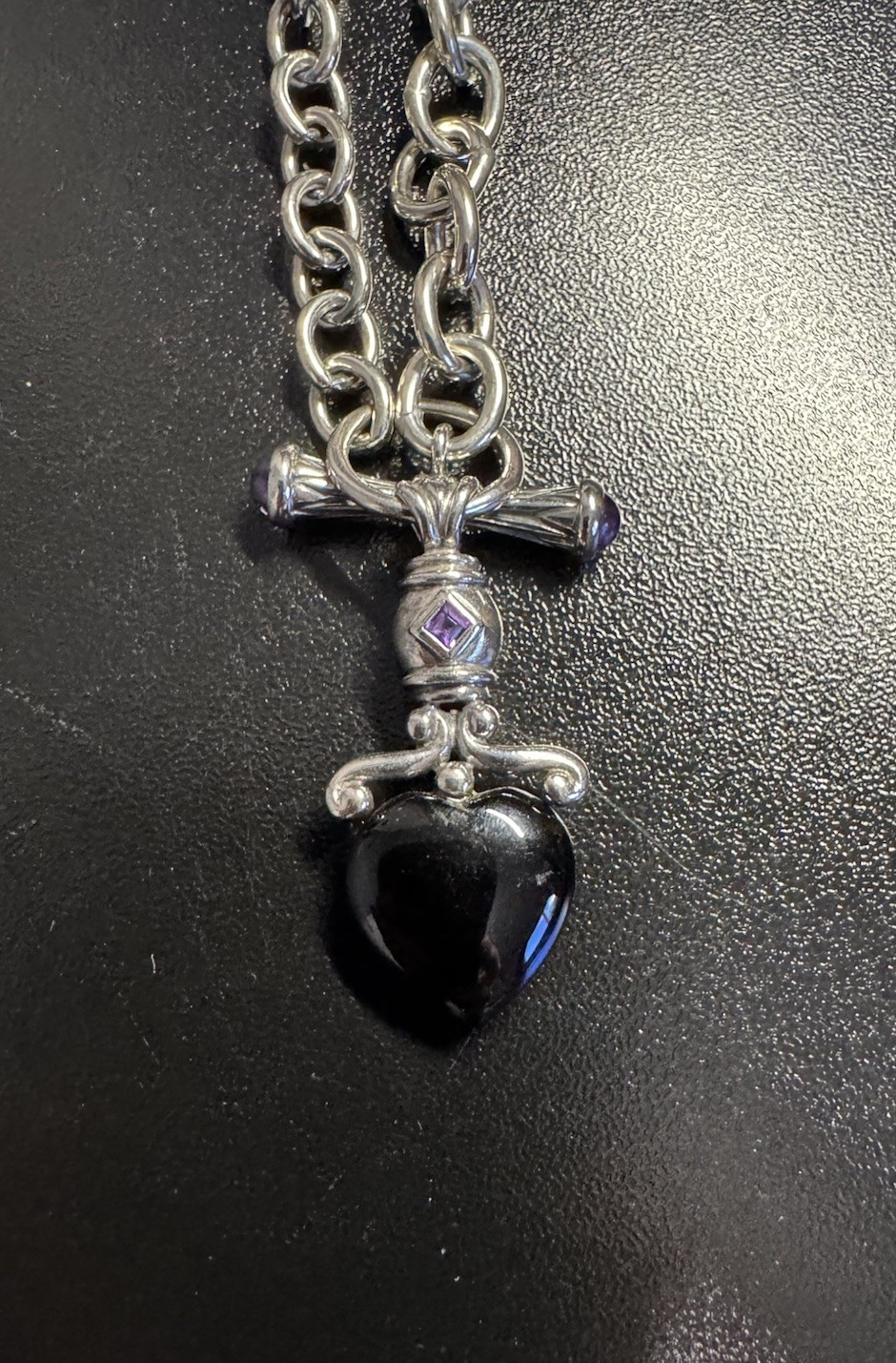 Ross Simons 925 Sterling Silver Black Onyx Heart Amethyst Necklace 18.5in, 30.5g