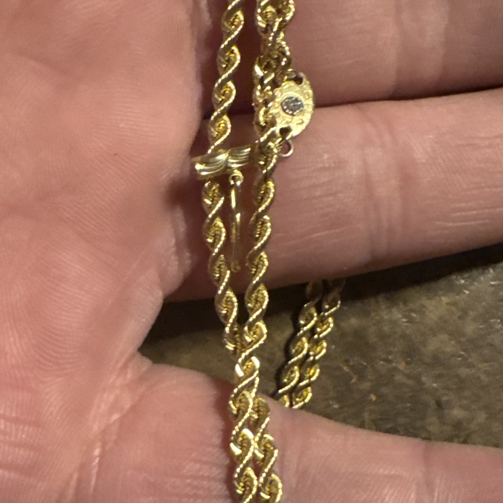 Genune Silk Rope 14K Solid 18” 7.5g Gold Chain Diamond Chip Closure Vtg RARE!