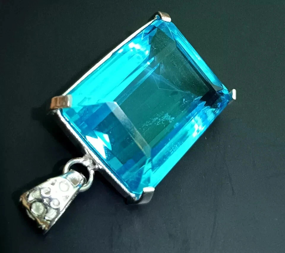EGL Certified Natural 65 +Ct Blue Topaz Emerald Cut 925 Silver Pendant Loose Gem