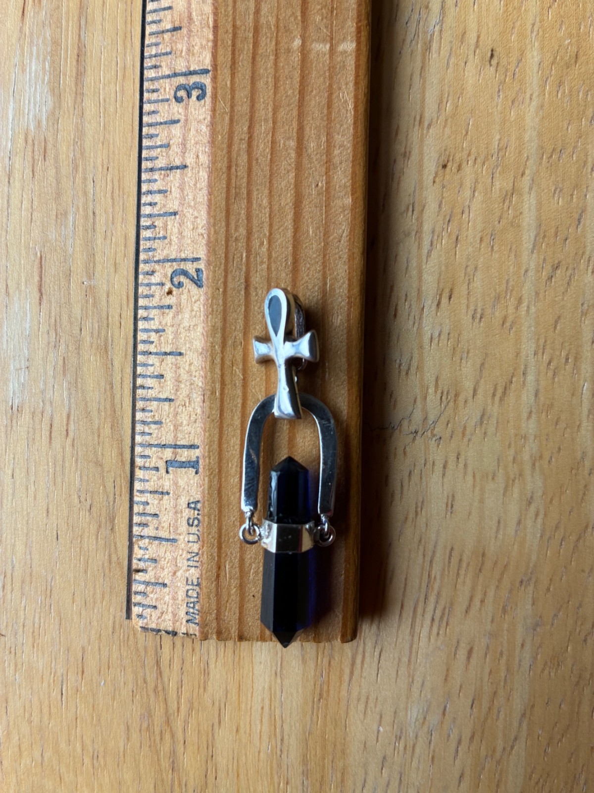 Translucent Blue Hexagon Shape Gemstone Pendant With Silver Ankh Charm