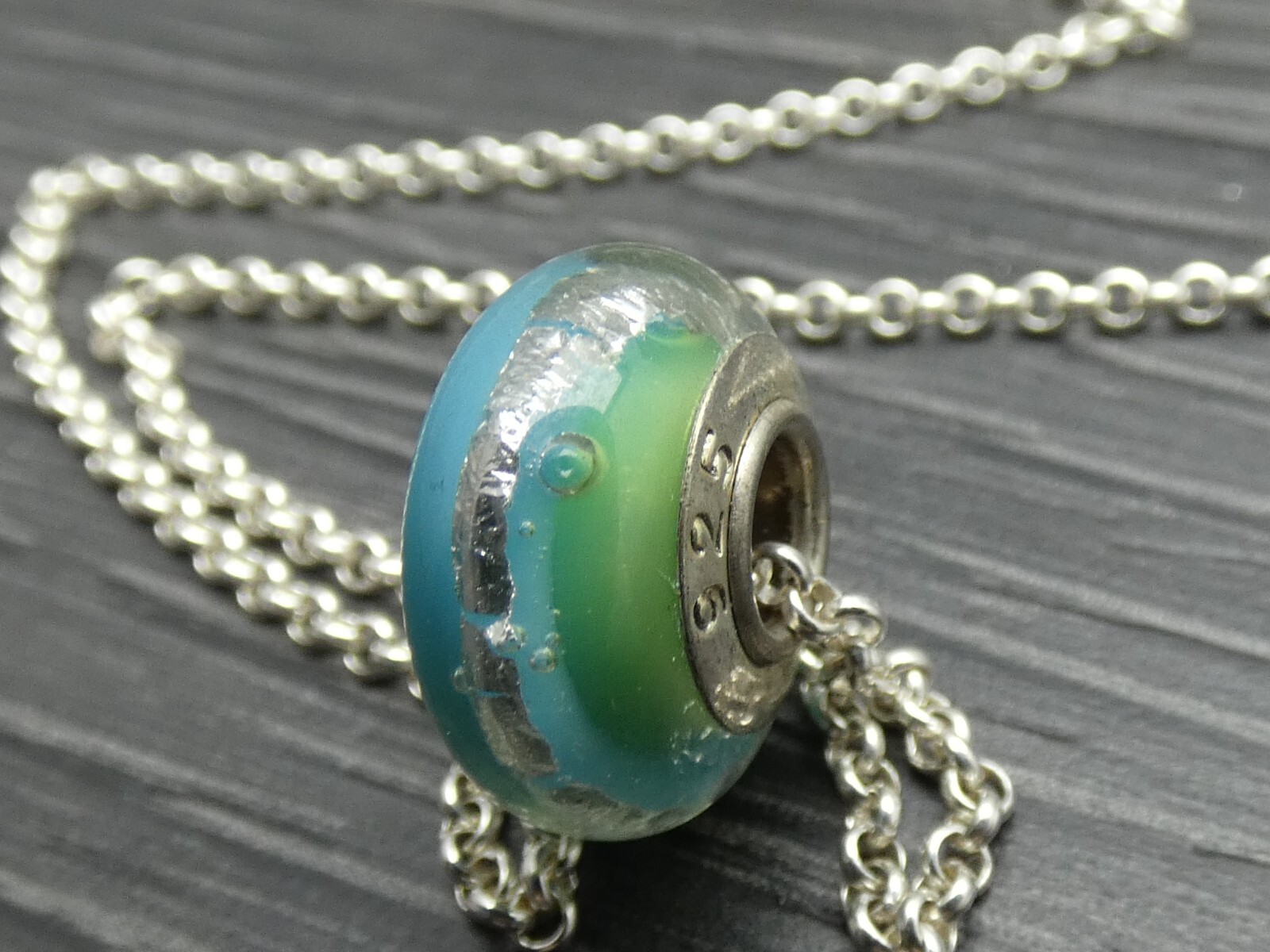 Sterling Silver Unique Green Blue Reflective Bead Charm Rolo Necklace 20 inches