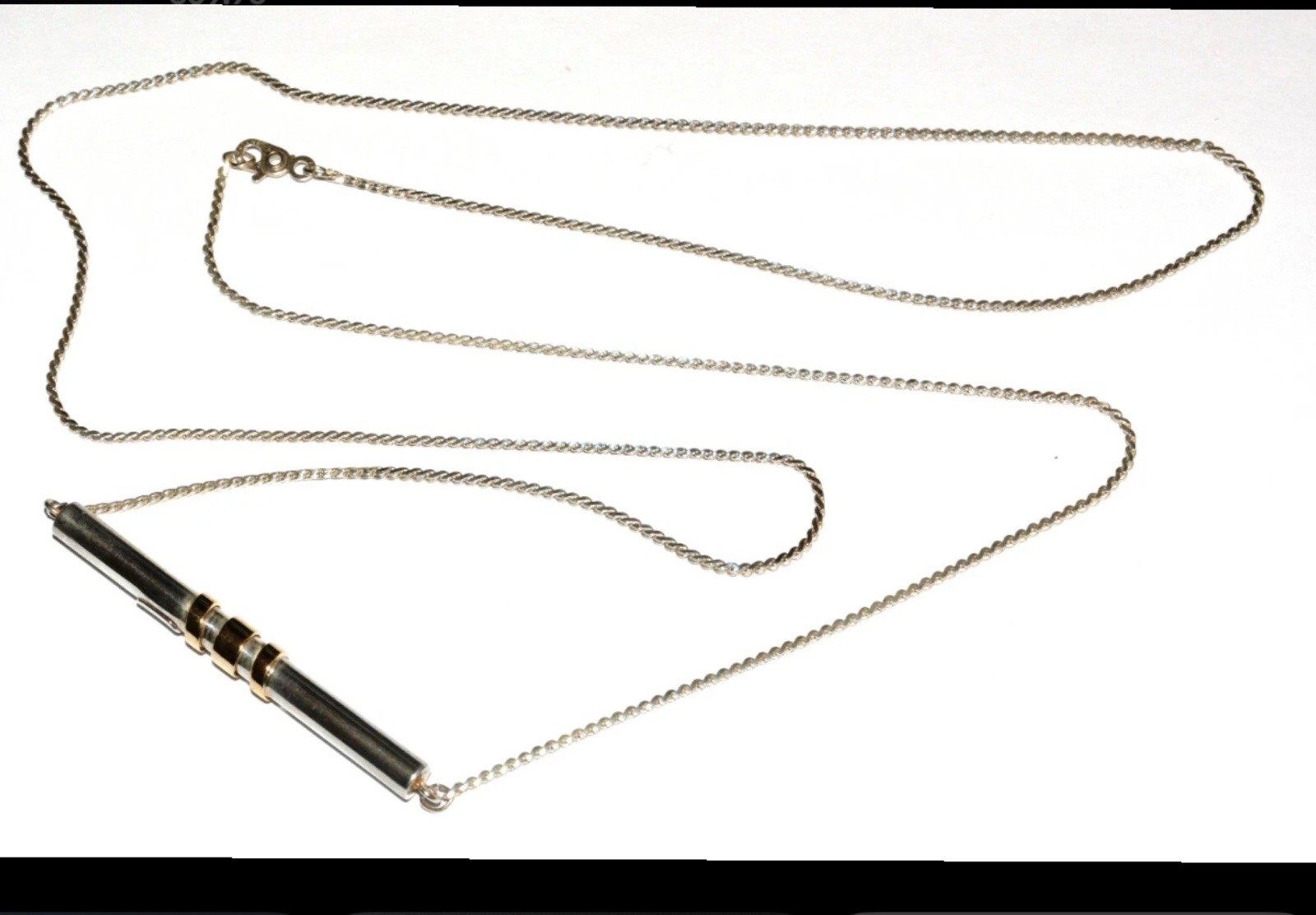 CIANI Modernist 925 Solid Sterling Silver 14k Gold Cylinder Bar Necklace! 30 IN.