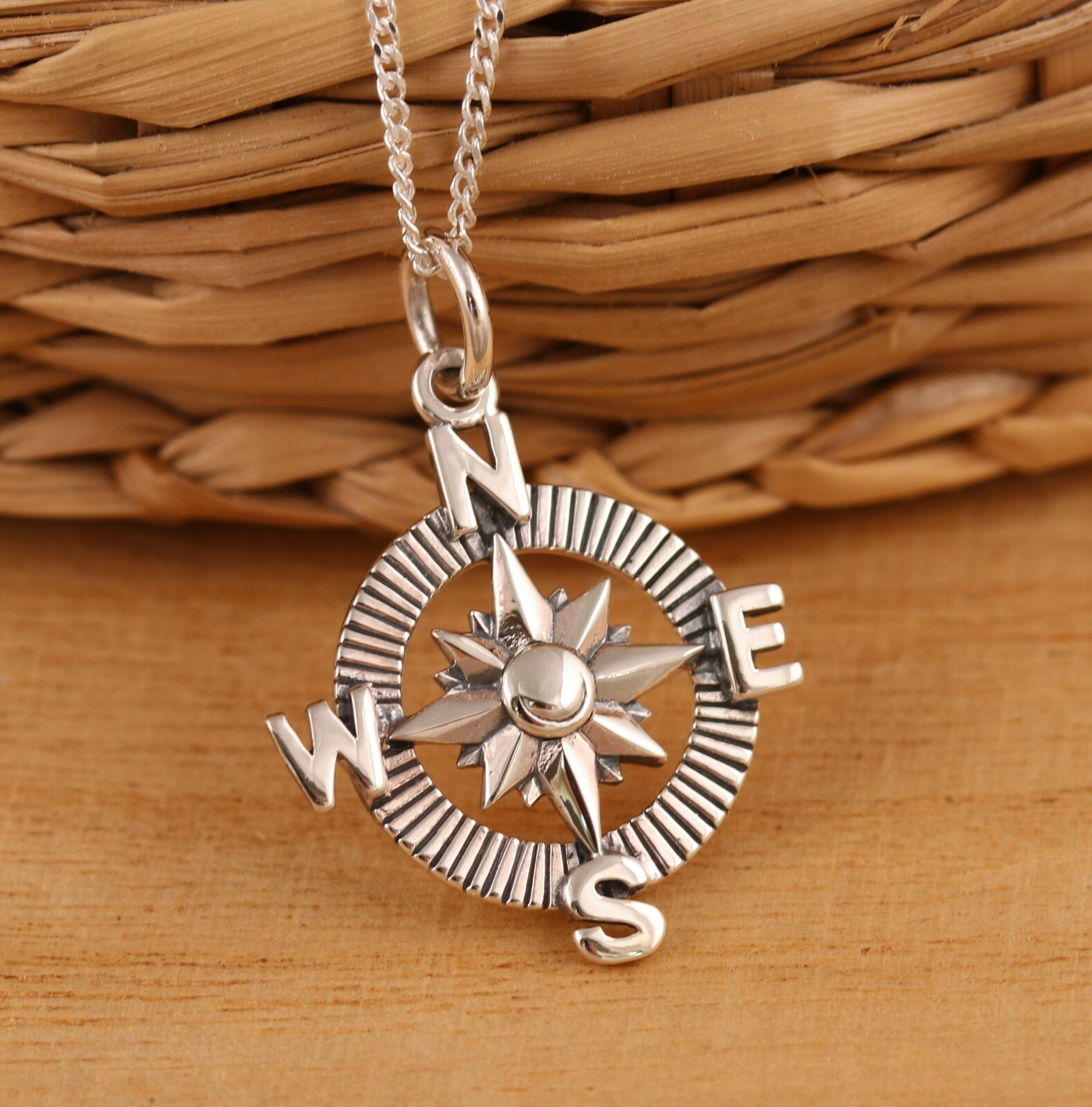 Solid 925 Sterling Silver Compass Pendant Charm Graduation Gift Travel Necklace
