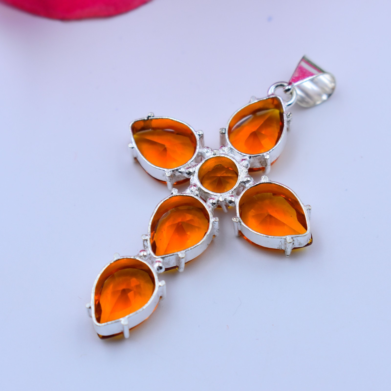 Orange Hessonite Gemstone Handmade 925 Sterling Silver Jewelry Pendant Size-2.5″
