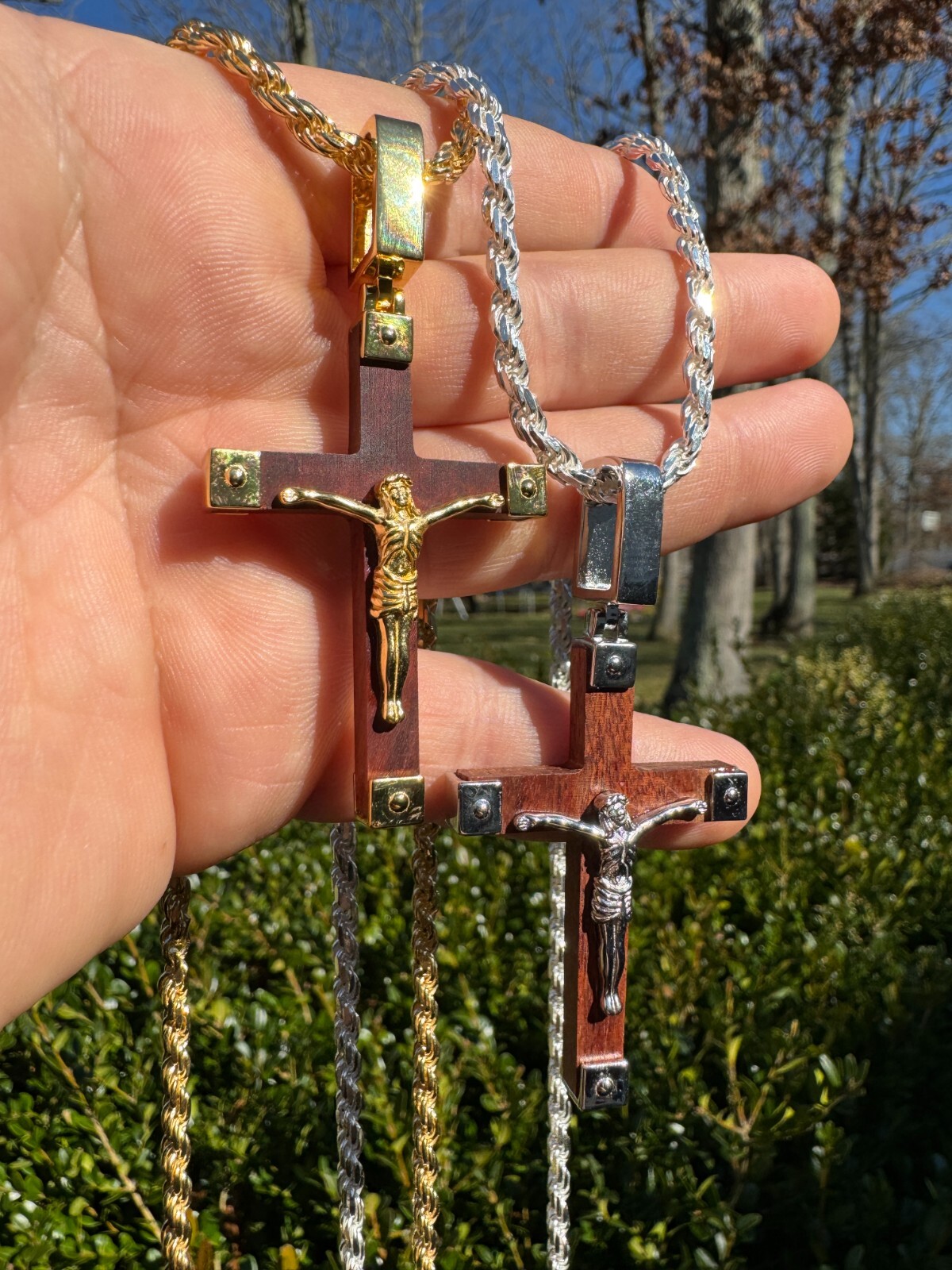 Plain Real 925 Silver & Natural Wood Jesus Cross Pendant Necklace ITALY Handmade