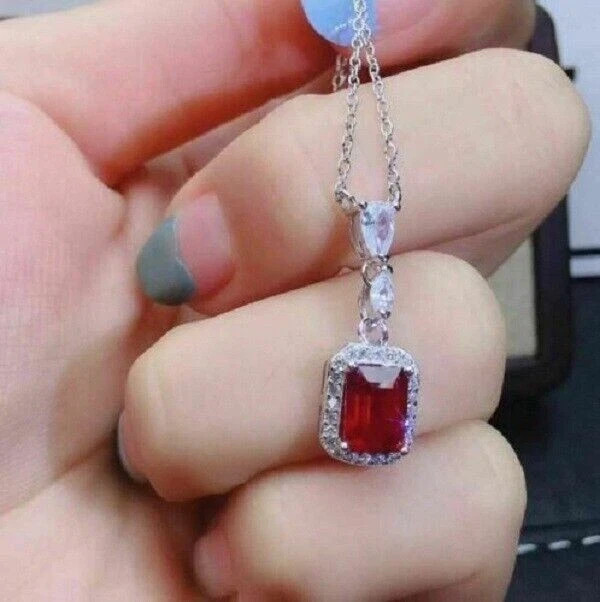 2.3CT Emerald Cut Halo Red Ruby & Diamond Pendant Necklace 14K White Gold Over