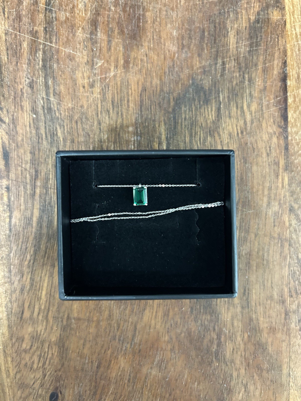 Emerald Rectangle Necklace 14K Solid White Gold, 16in (40cm) Chain Length