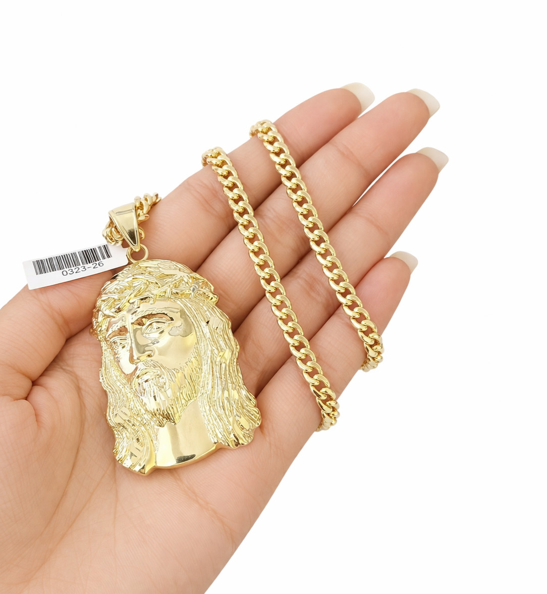 Real 10K Gold Miami Cuban Link Chain Christ Head Charm Pendant Set 5mm 20″–28″