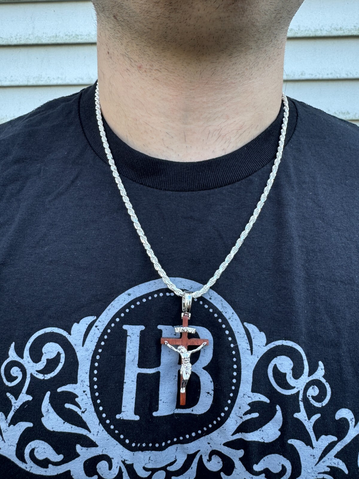 Mens Real 925 Silver & Red Cherry Walnut Wood Jesus On Cross Pendant Necklace 2″
