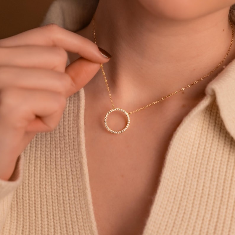 Minimalist Open Circle Round Cut Necklace Natural GH/SI Diamond 14k Yellow Gold
