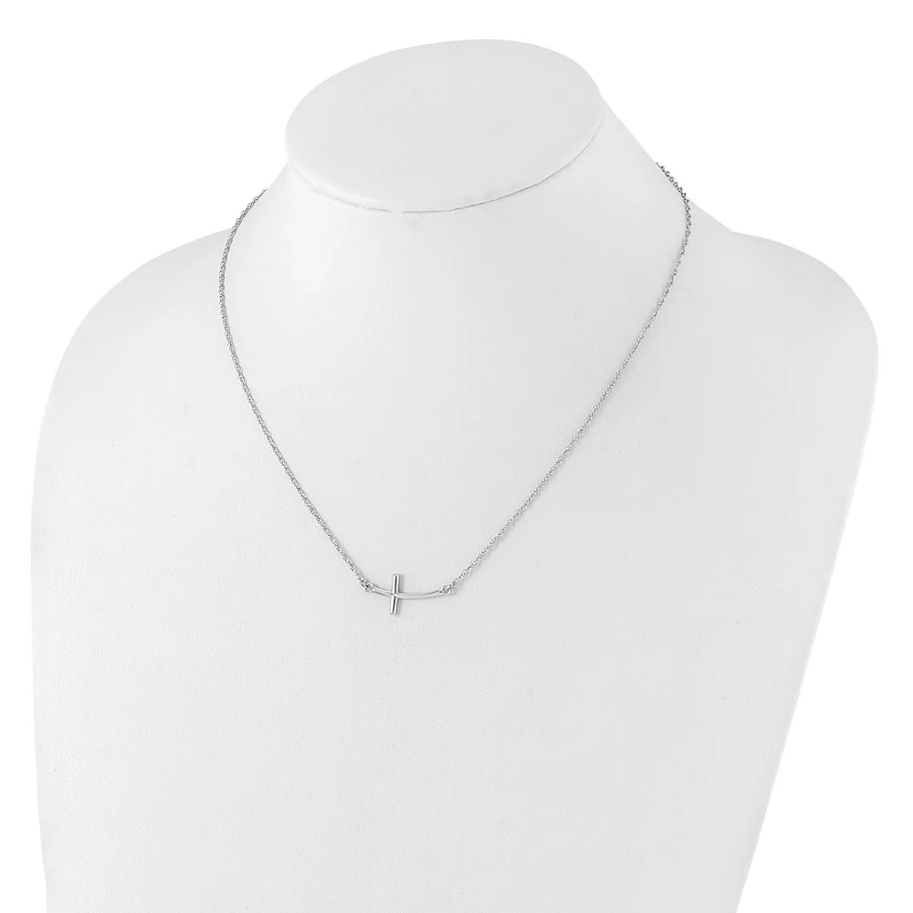 Sterling Silver Rhodium-Plated Large Sideways Curved Cross Necklace