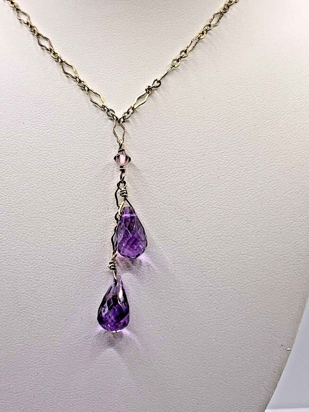 Pretty Amethyst Briolette 2 Drops( 7mm x 14m) 15 inch Sterling Silver Necklace