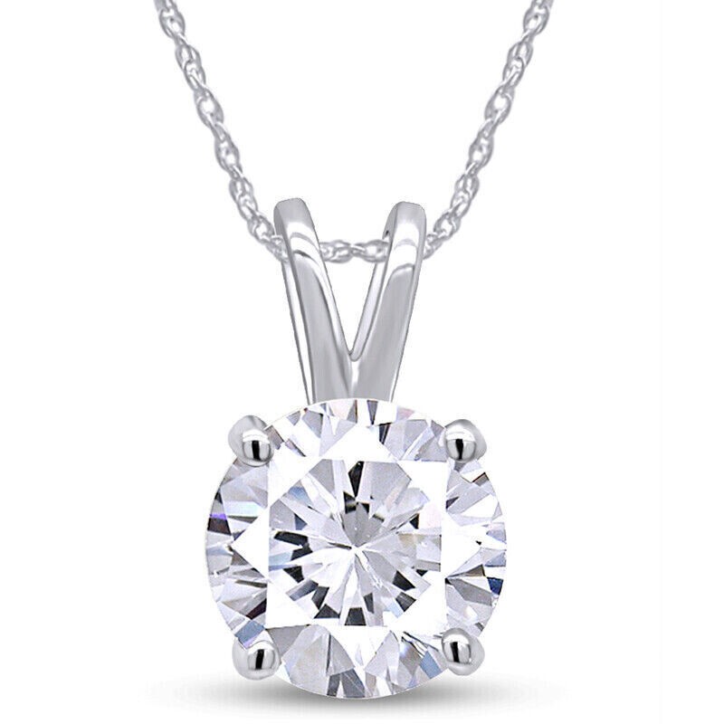 2Ct Round Brilliant Cut Moissanite 14K White Gold Solitaire Pendant 18″ Necklace