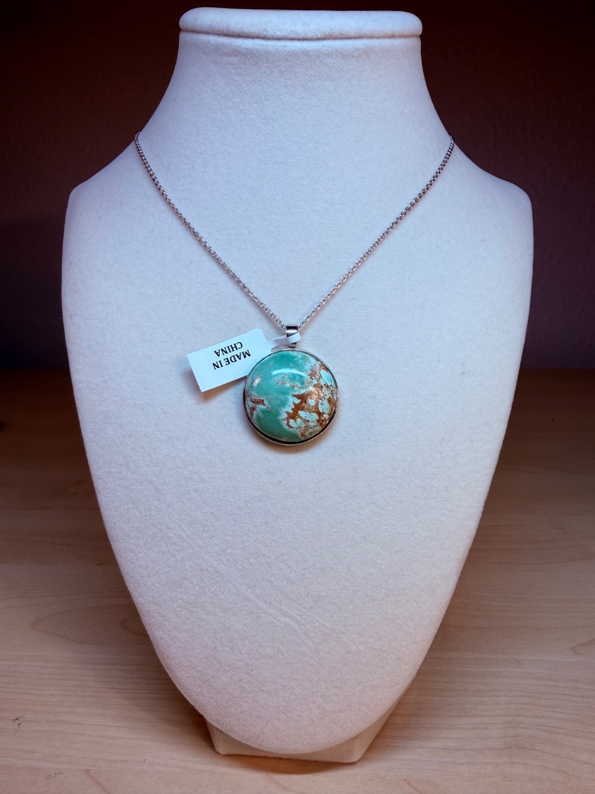 PINCTORE Sterling Silver 24mm Round Variscite Pendant w/ Cable Chain 18in – 21in