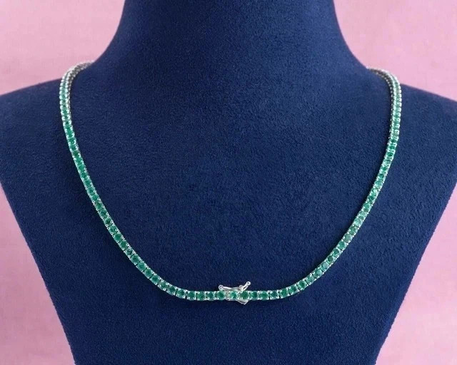 15Ct Round Cut Lab Created Green Emerald Tennis Necklace 14K White Gold Plated