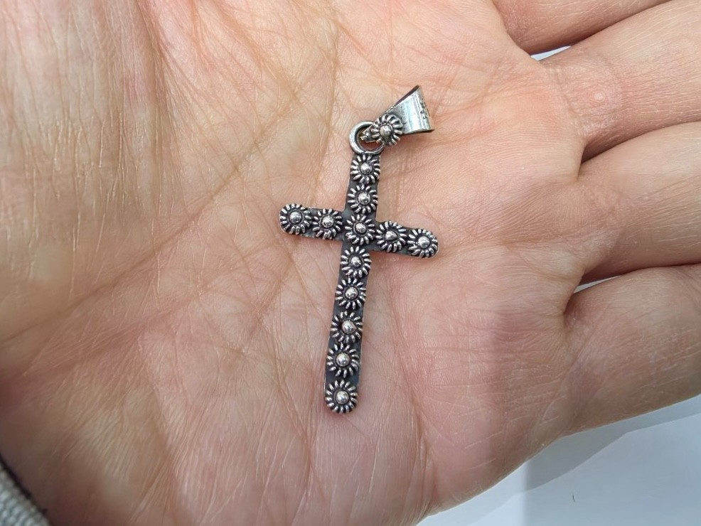 925 Sterling Silver Turquoise Bead Floral Cross Pendant 1 1/2 Inch (38mm) Tall