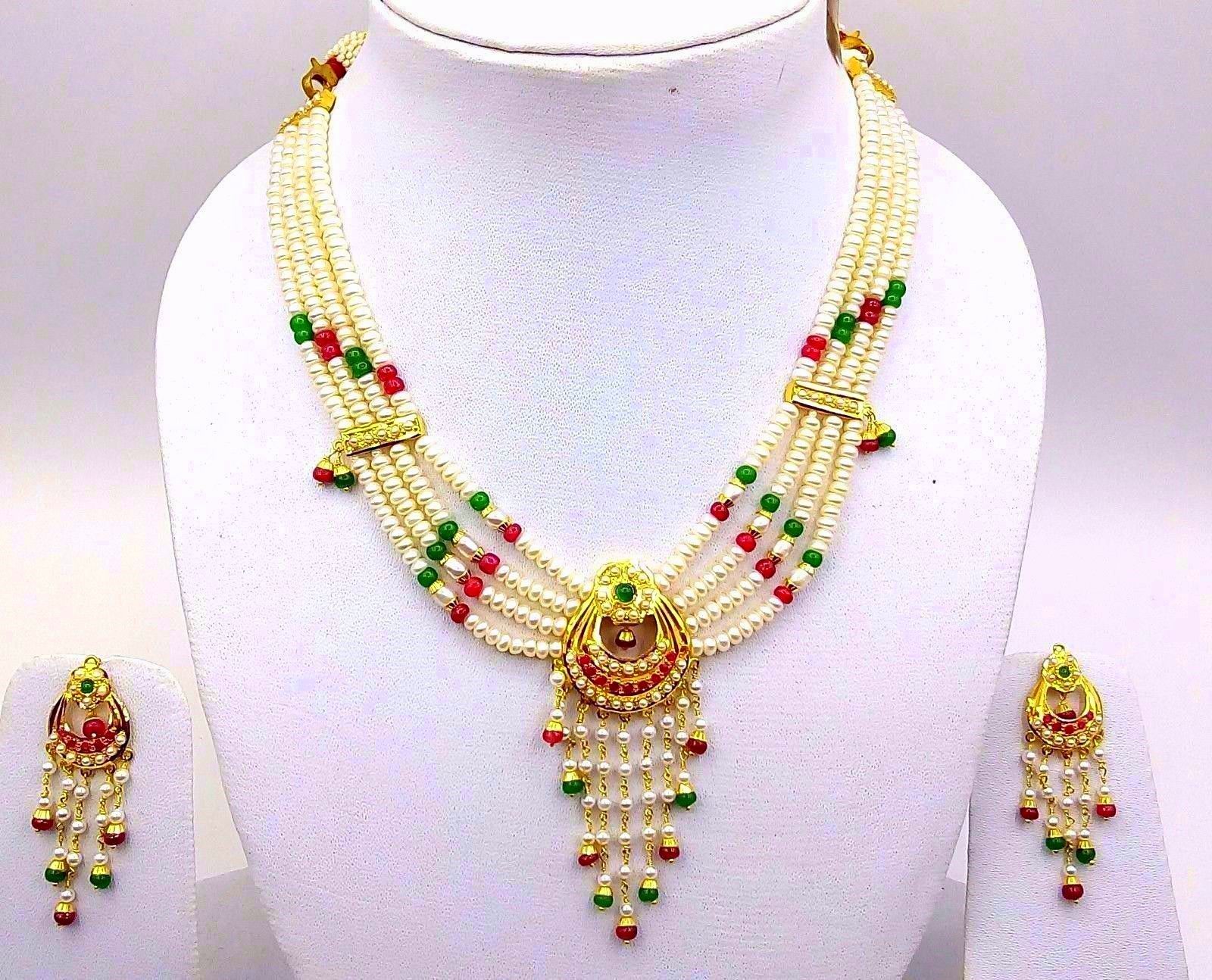 GOLD PENDANT NECKLACE SET WITH EARRING SET RUBY EMERALD BEADED PUNJABI NECKLACE