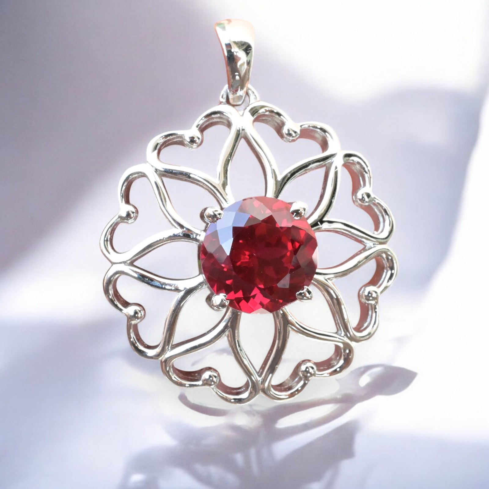 Certified Red Ruby 32 Ct Flower Shape Pendant Necklace 925 Sterling Silver MG002