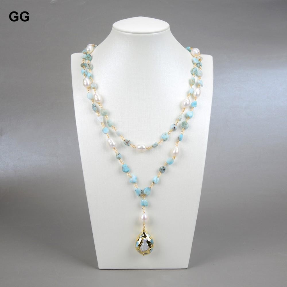 Blue Larimar Pearl Necklace Gold Plated Statement 21in Freshwater Women