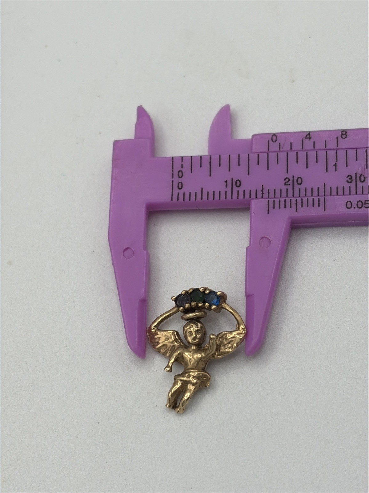 10k Yellow Gold Little Angel Charm Pendant Purple Green Blue Stones 1.8 grams