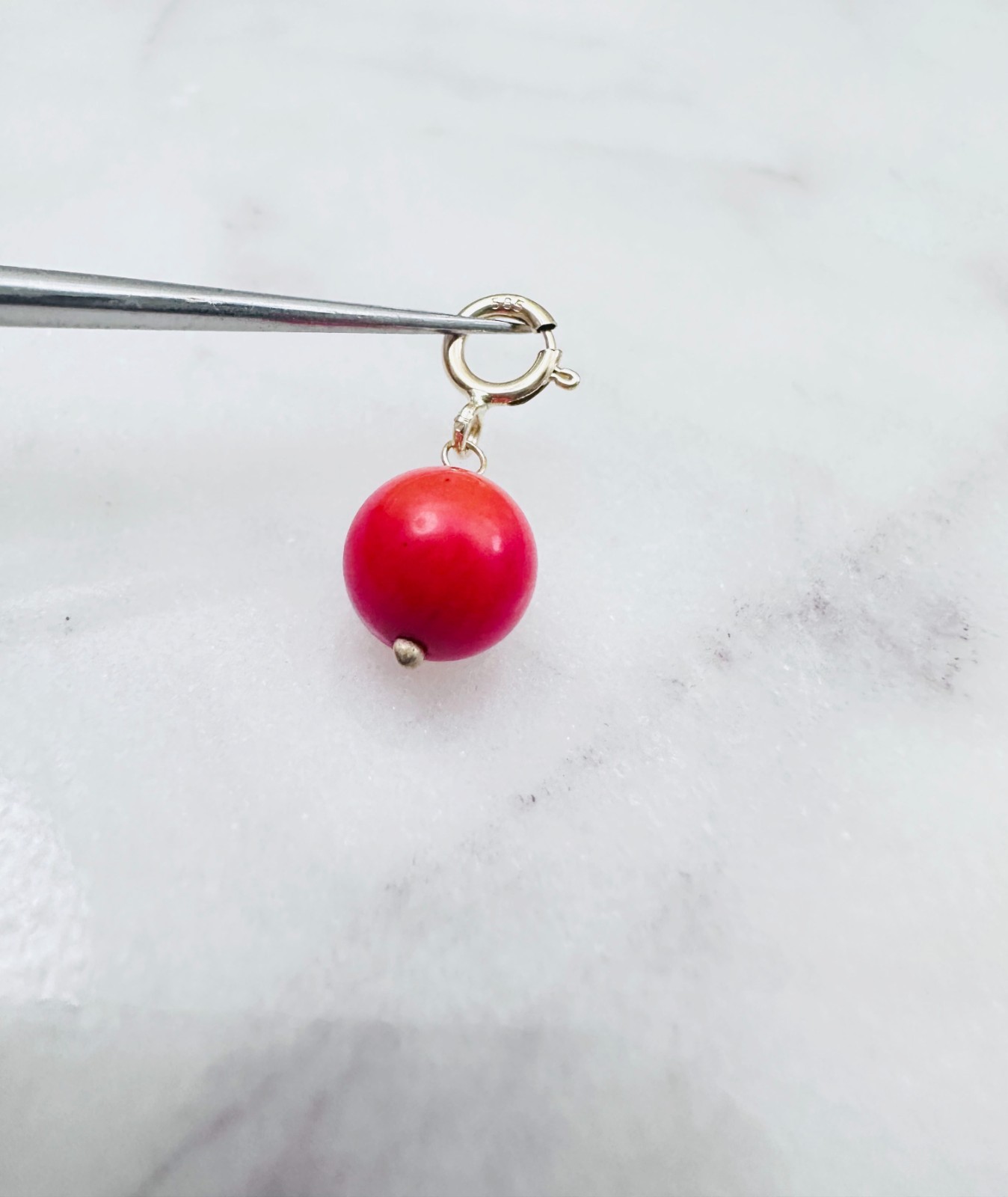 14K Solid Yellow Gold Small Round Red-Orange Coral Charm Pendant w/Spring Clasp
