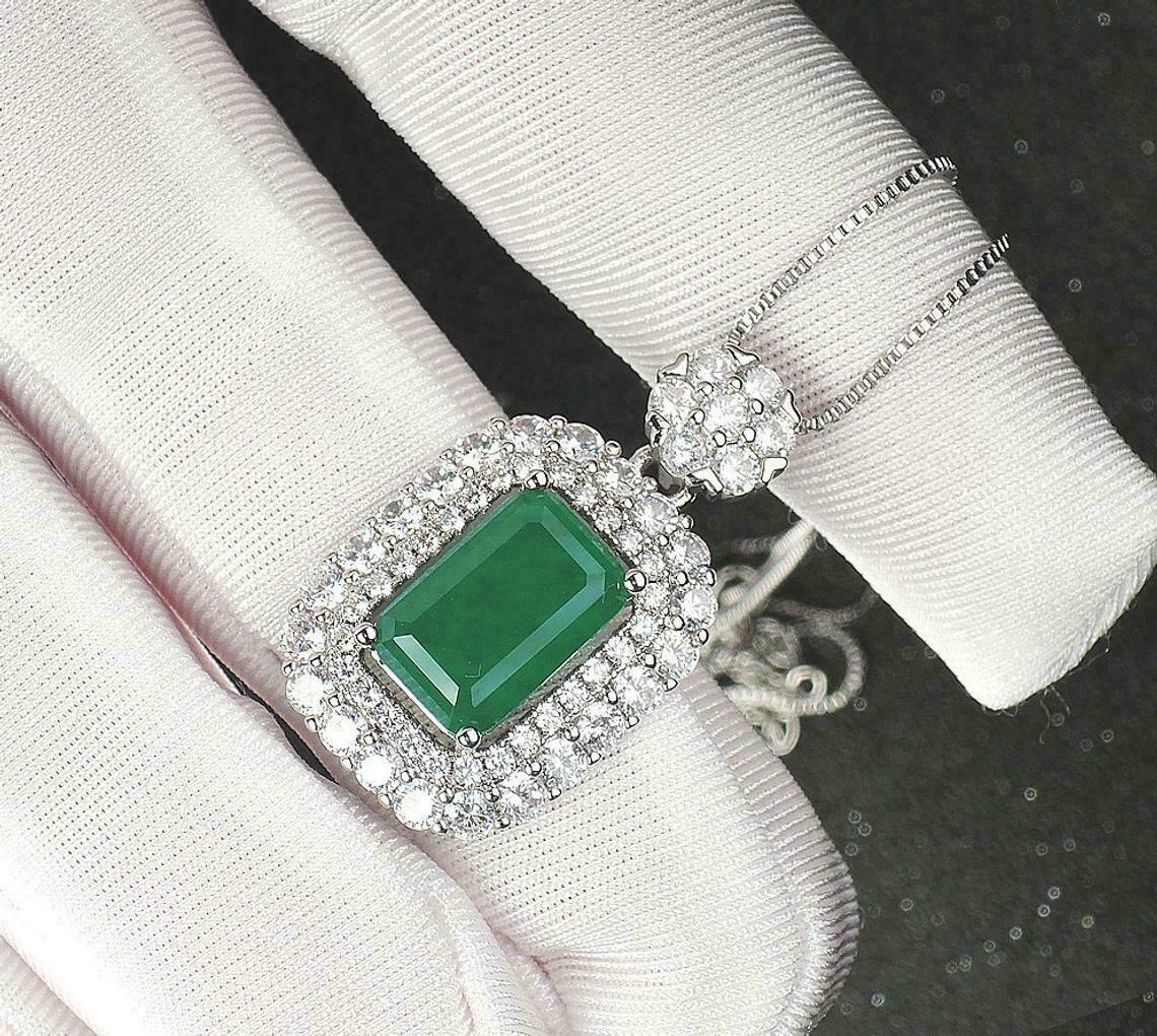 3 CT Green Emerald Halo Womens Pendant With Free Chain 14K White Gold Finish