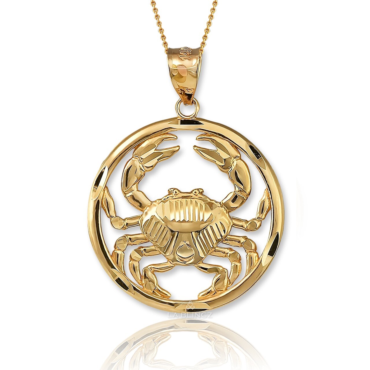 Cancer Zodiac Gold Crab Pendant – Diamond-Cut Round Necklace in 10k & 14k