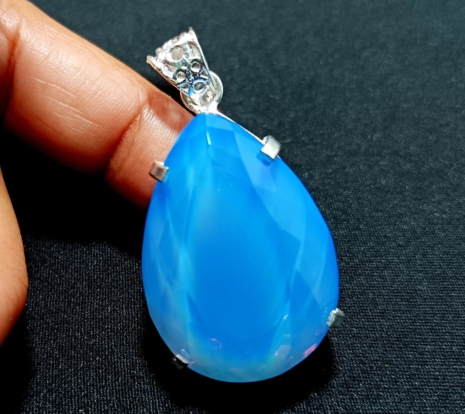 Natural Blue Opal 106 Ct Pear Cut 925 Sterling Silver Fine Jewelry Pendant