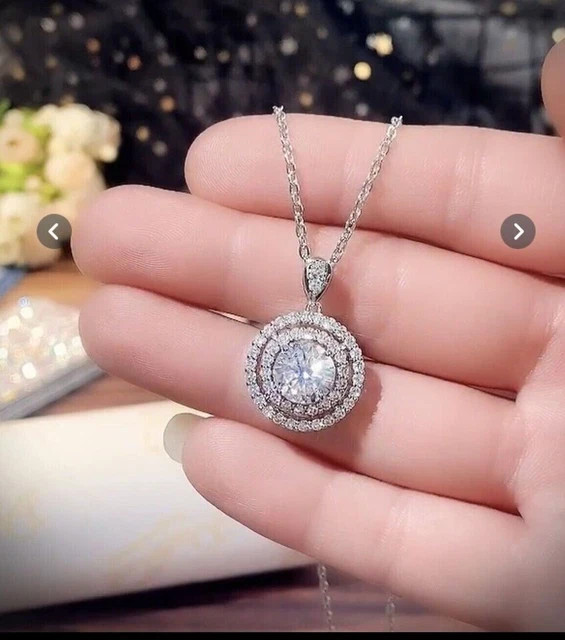 2Ct Round Lab Created Diamond Double Halo Pendant Necklace 14K White Gold Plated