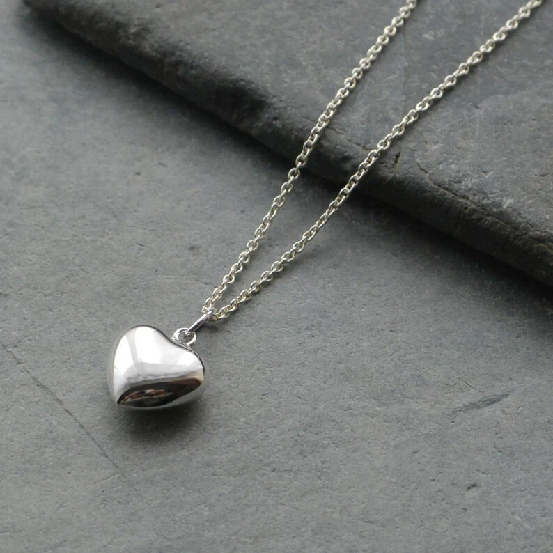 925 Solid Sterling Silver Puffed Heart Pendant Necklace Made In Italy – 18″