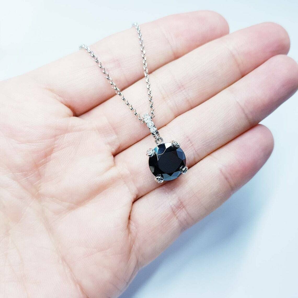 2Ct Round Cut Black Diamond Solitaire Pendant Free Chain 14K White Gold Finish