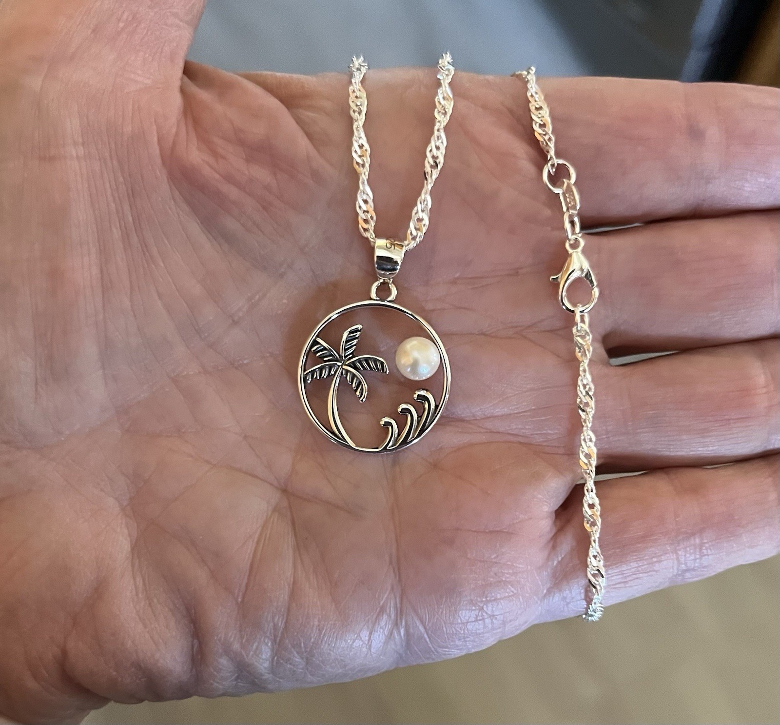 Sterling Silver Genuine Fresh Water Pearl Pendant Necklace Palm Tree & Waves🌴🌊