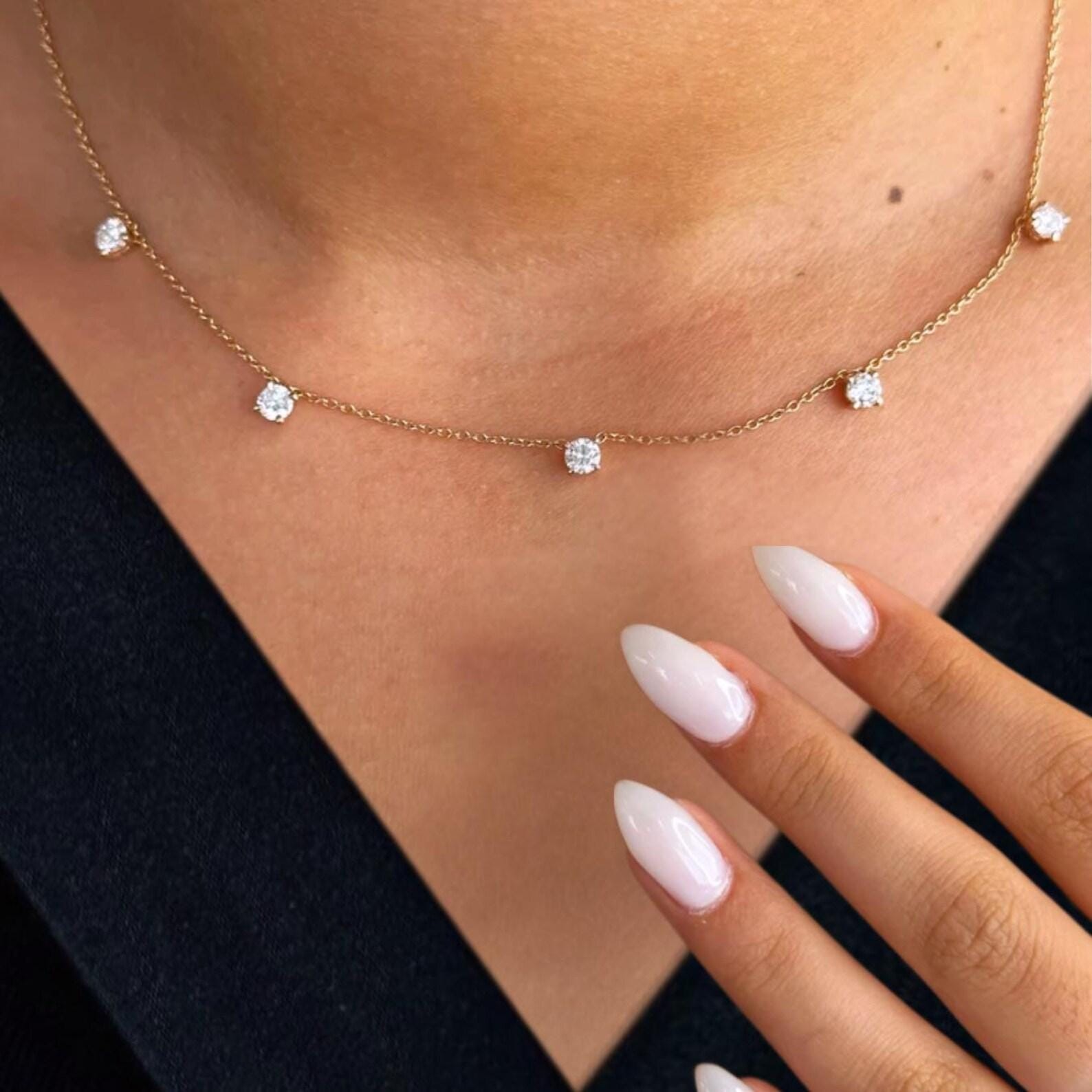 Station Necklace For Girlfriend Gift Round Natural GH/SI Diamond 14k Rose Gold