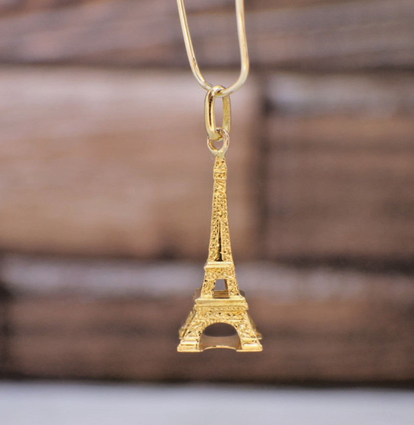 Solid 18K Yellow Gold 3D Spanish Eifel Tower Paris Pendant Charm Travel