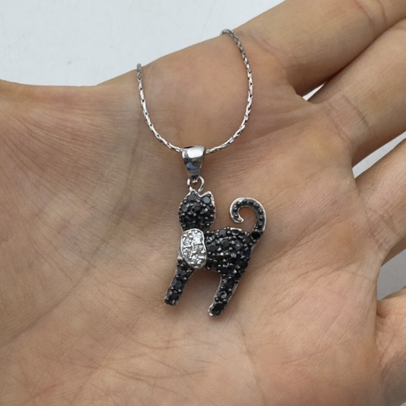 925 Sterling Silver White & Black Accent Sparkle Kitty Cat Pendant 16” Chain