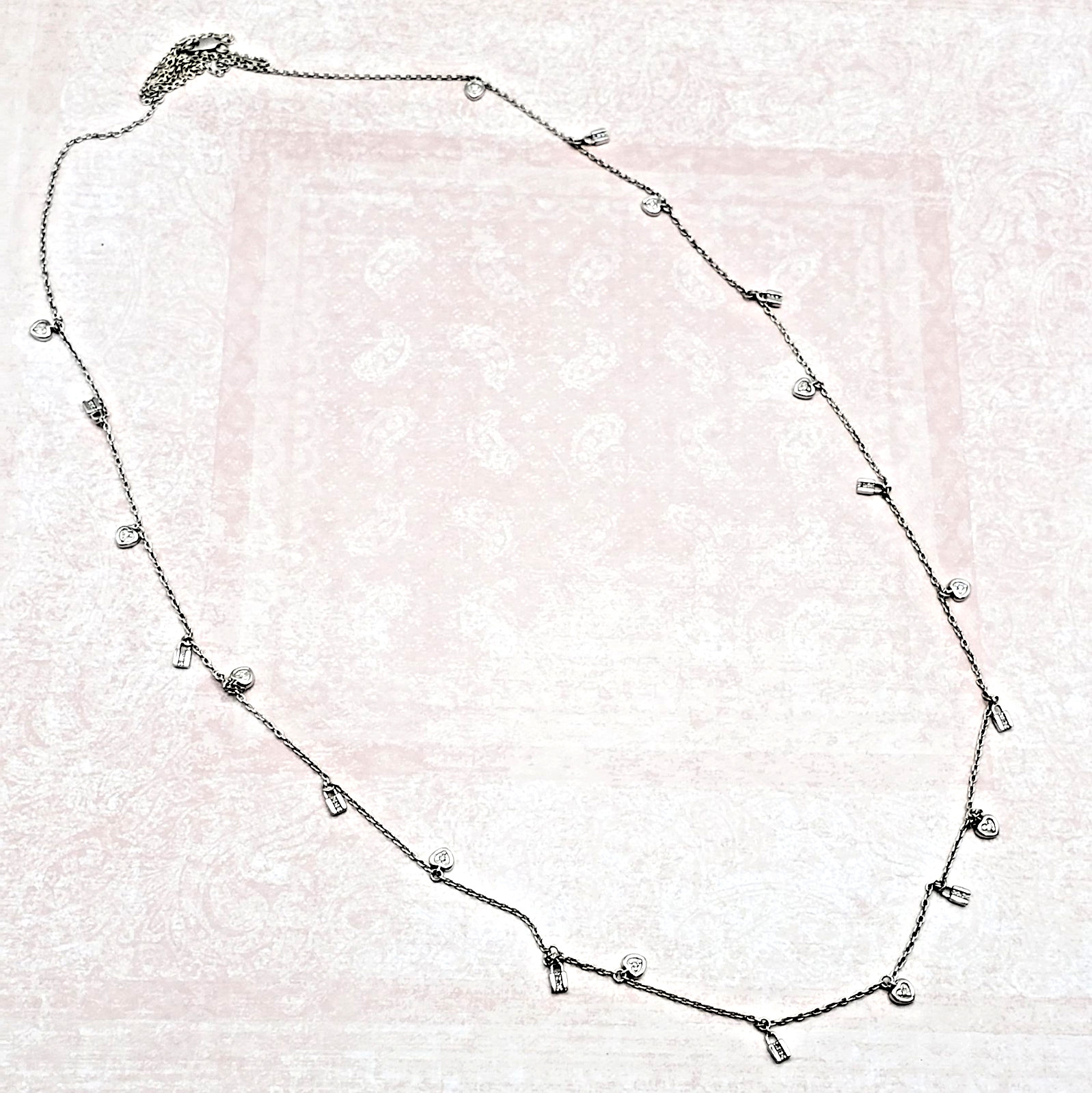 Diamond Drop Pendant Station Necklace in 925 Sterling Silver 36” Inch