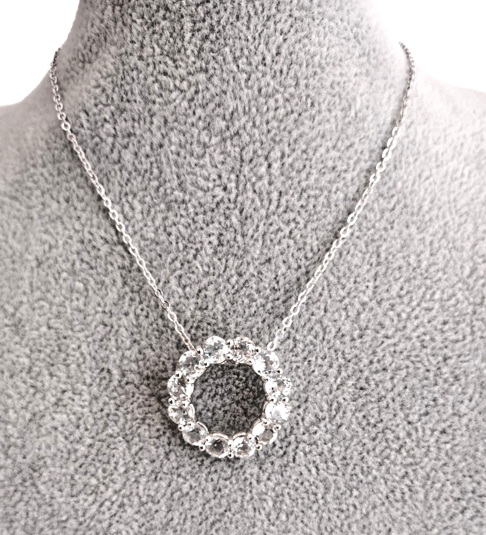 Vintage Sim Diamond White Topaz Circle Necklace Gem Tested in Box Silver Tone