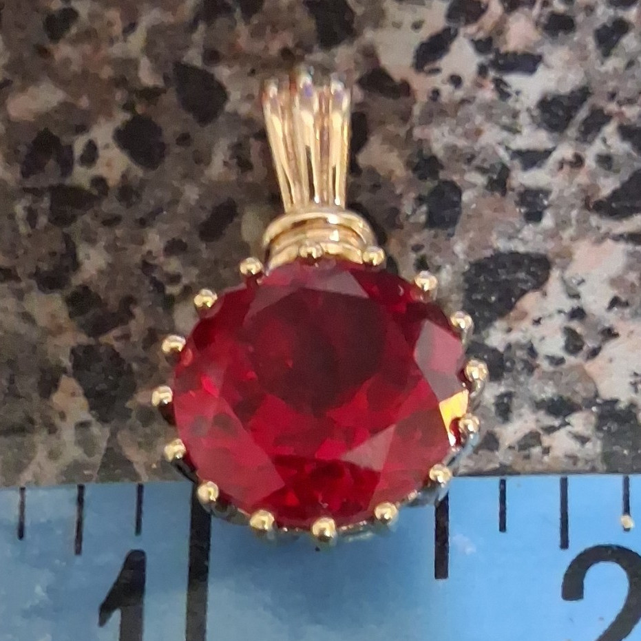 925 Yellow Gold Round Pendant, 1 Red Gemstone, Prong Set, Signed